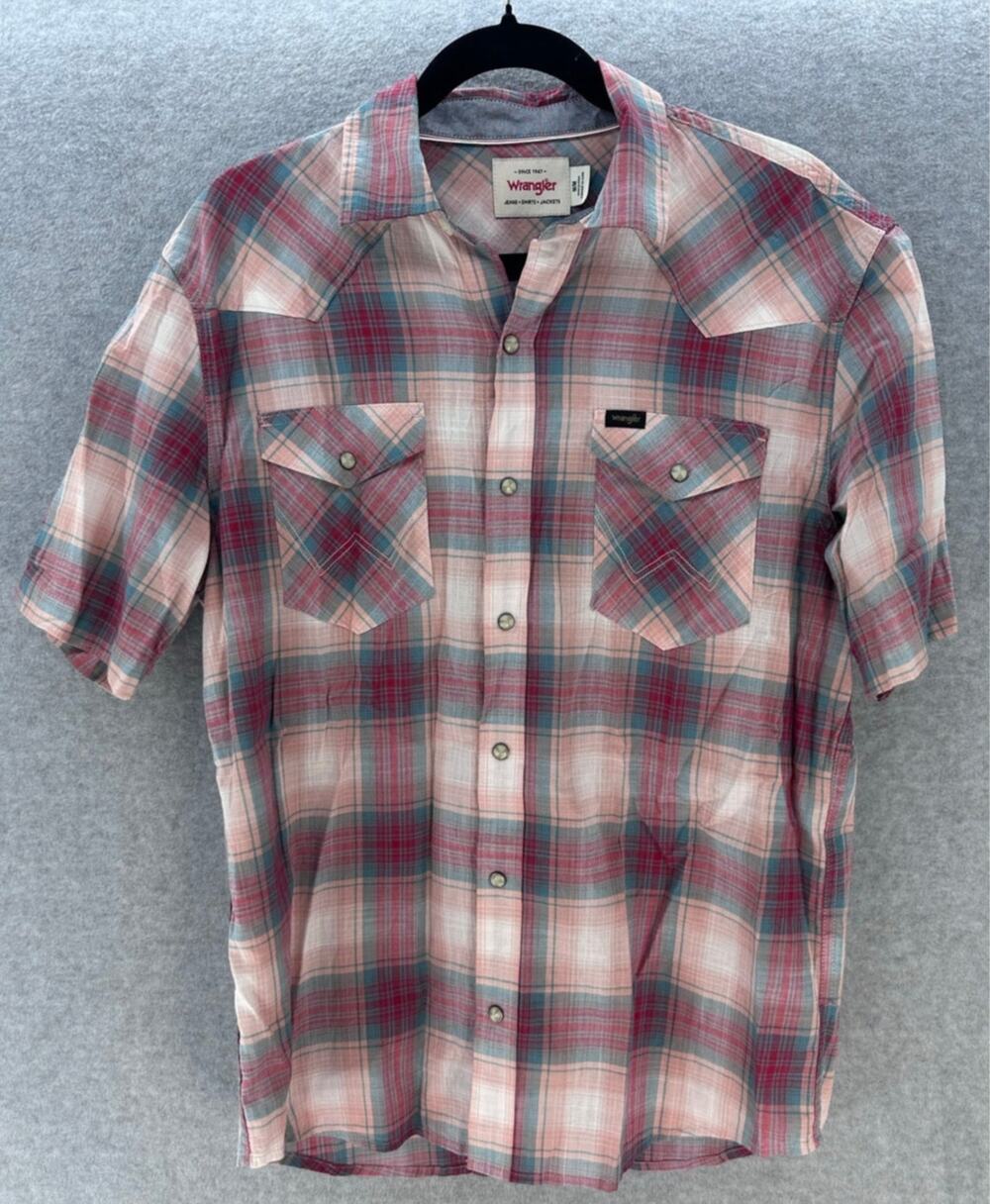 Wrangler Men's M Teal Peach & Burgundy Plaid Pearl Snap Collared Shirt Western